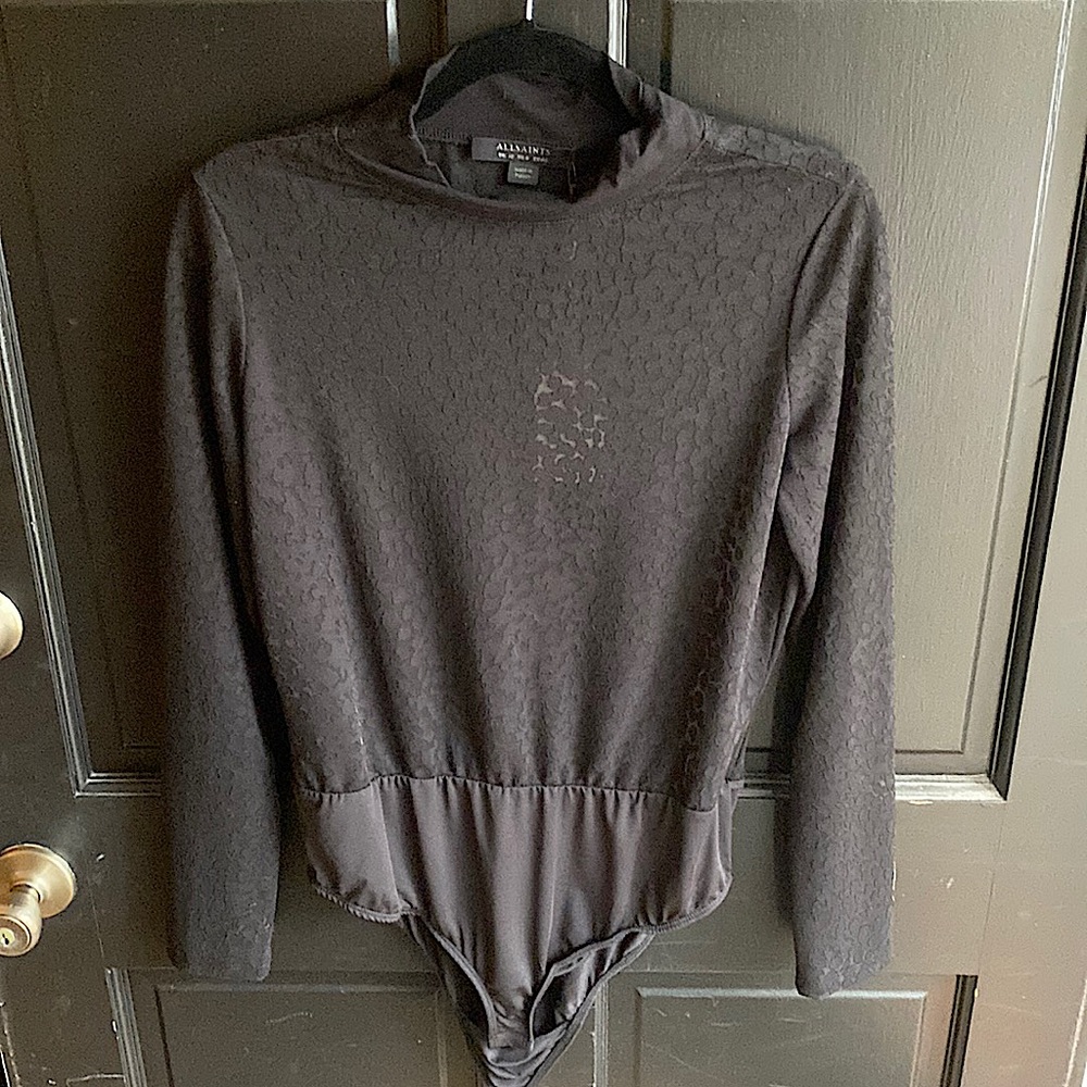 All Saints Bela Leopard body suit in black uk12/us8